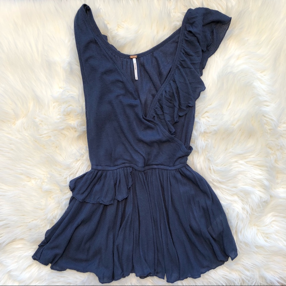 Free People Blue Ruffle Sleeveless Blouse Top